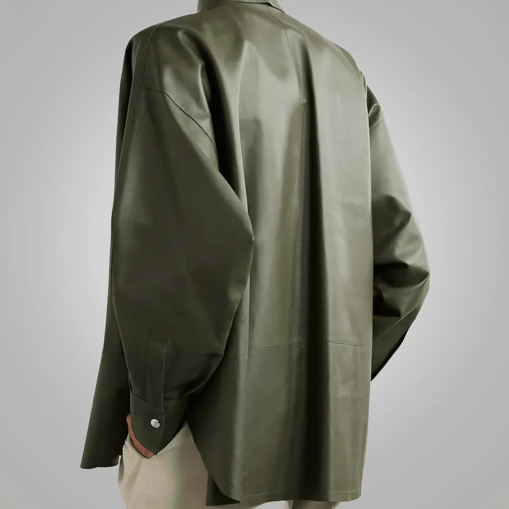 Green Soft Smart Collar Leather Shirt For Women
