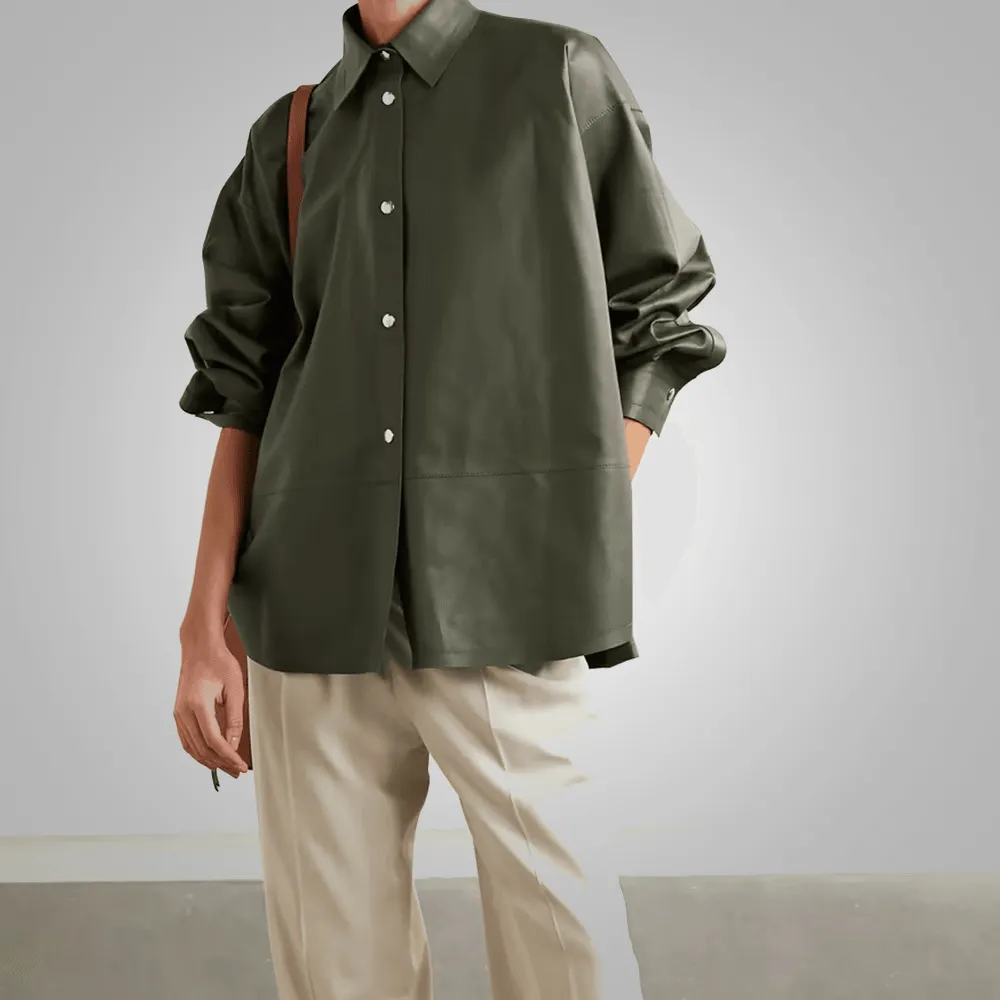 Green Soft Smart Collar Leather Shirt For Women