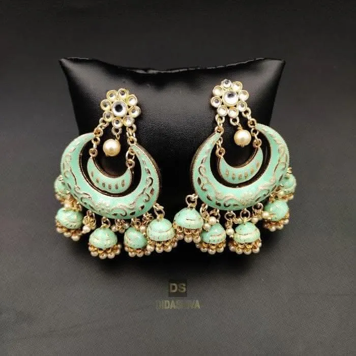 Handmade golden meenakari kundan brass stylish earrings (Green)