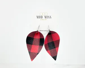 Leather Petal Earring "Buffalo Plaid Red "