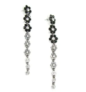 Long Black Earrings Crystal Flower Drop Earrings Silver Long Drop Earrings, Black Dangle Earrings