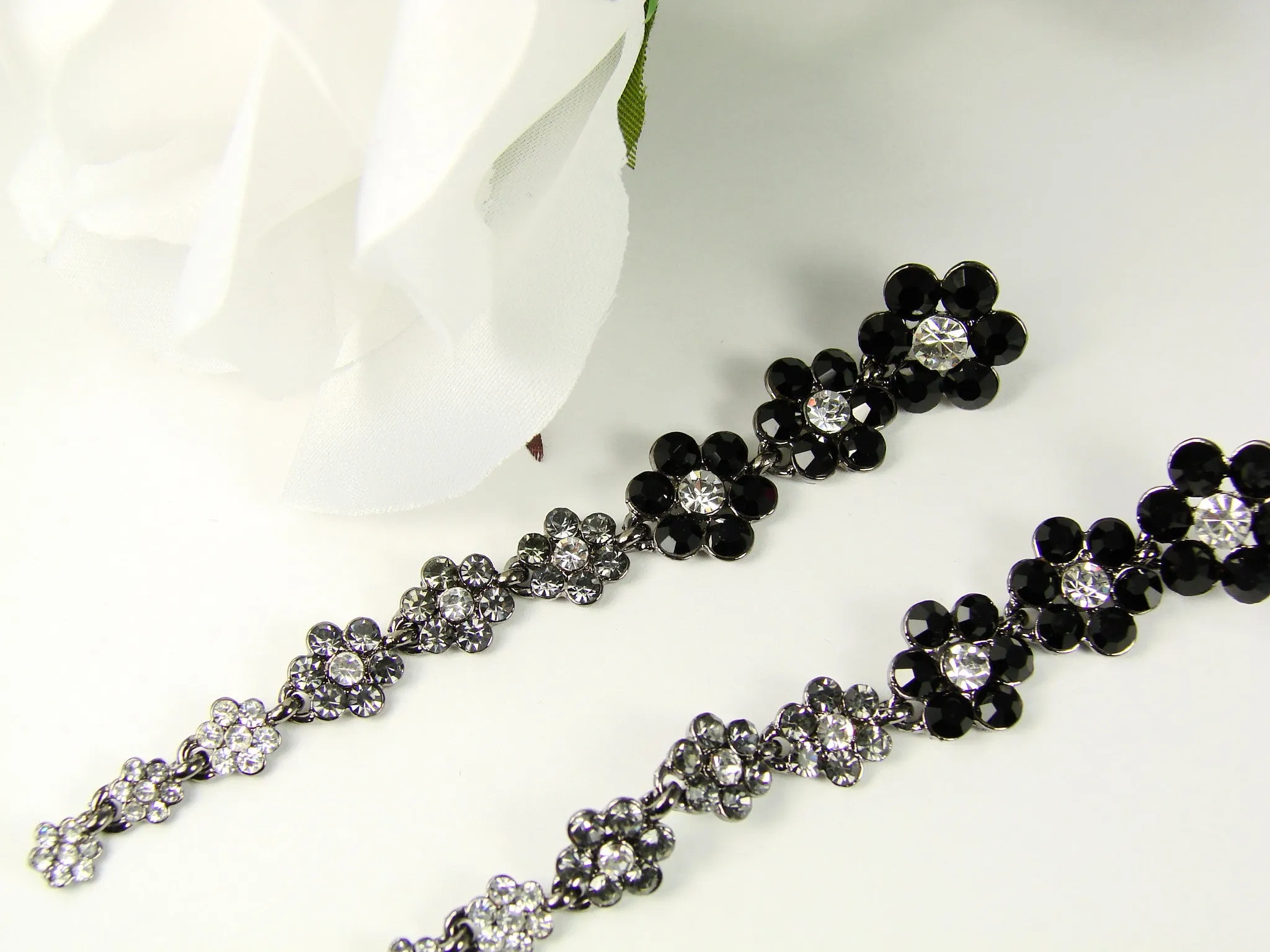 Long Black Earrings Crystal Flower Drop Earrings Silver Long Drop Earrings, Black Dangle Earrings