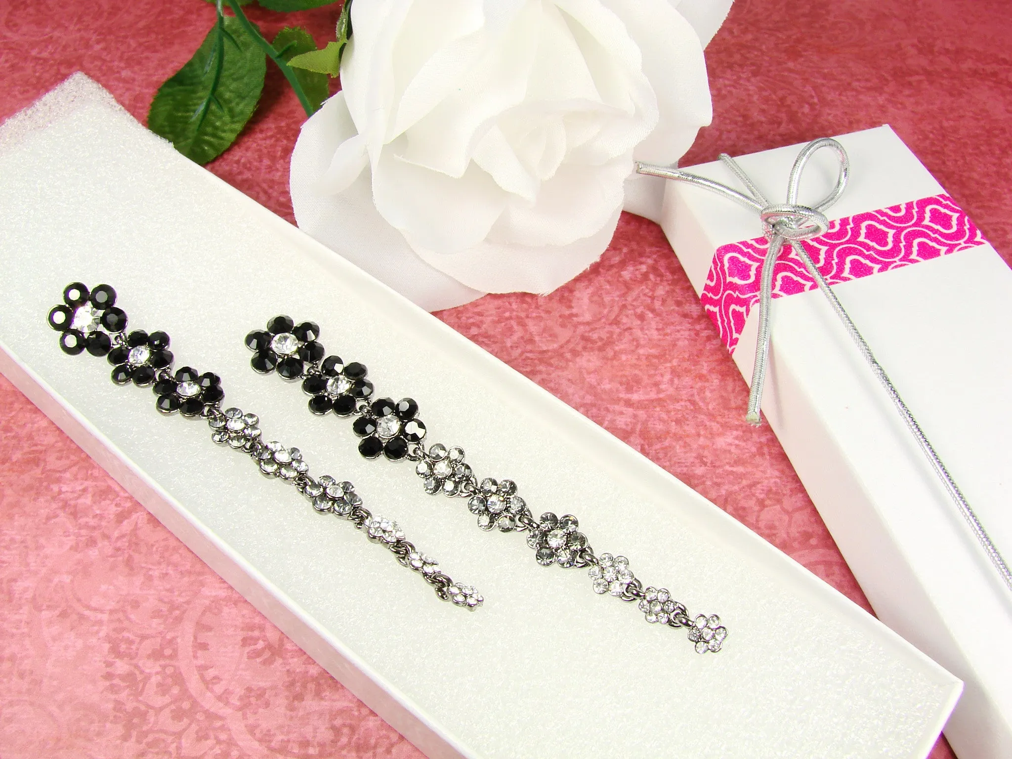 Long Black Earrings Crystal Flower Drop Earrings Silver Long Drop Earrings, Black Dangle Earrings