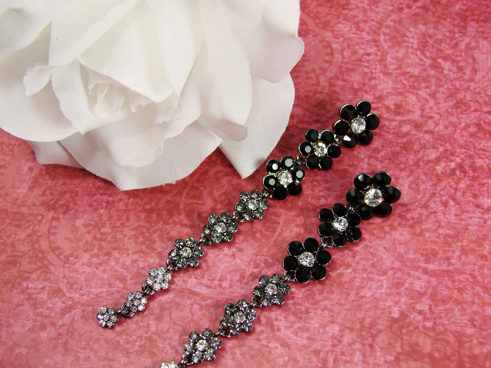 Long Black Earrings Crystal Flower Drop Earrings Silver Long Drop Earrings, Black Dangle Earrings
