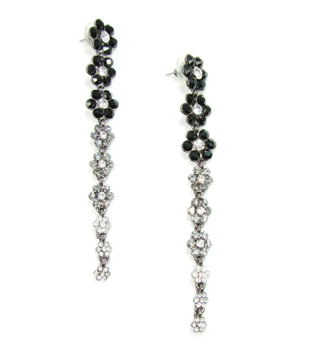 Long Black Earrings Crystal Flower Drop Earrings Silver Long Drop Earrings, Black Dangle Earrings