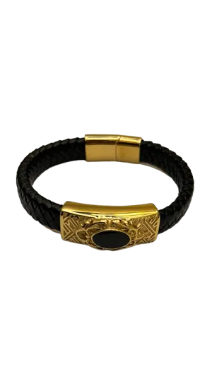 Men's Black Leather and Gold Bracelet Luxury Fashion Design