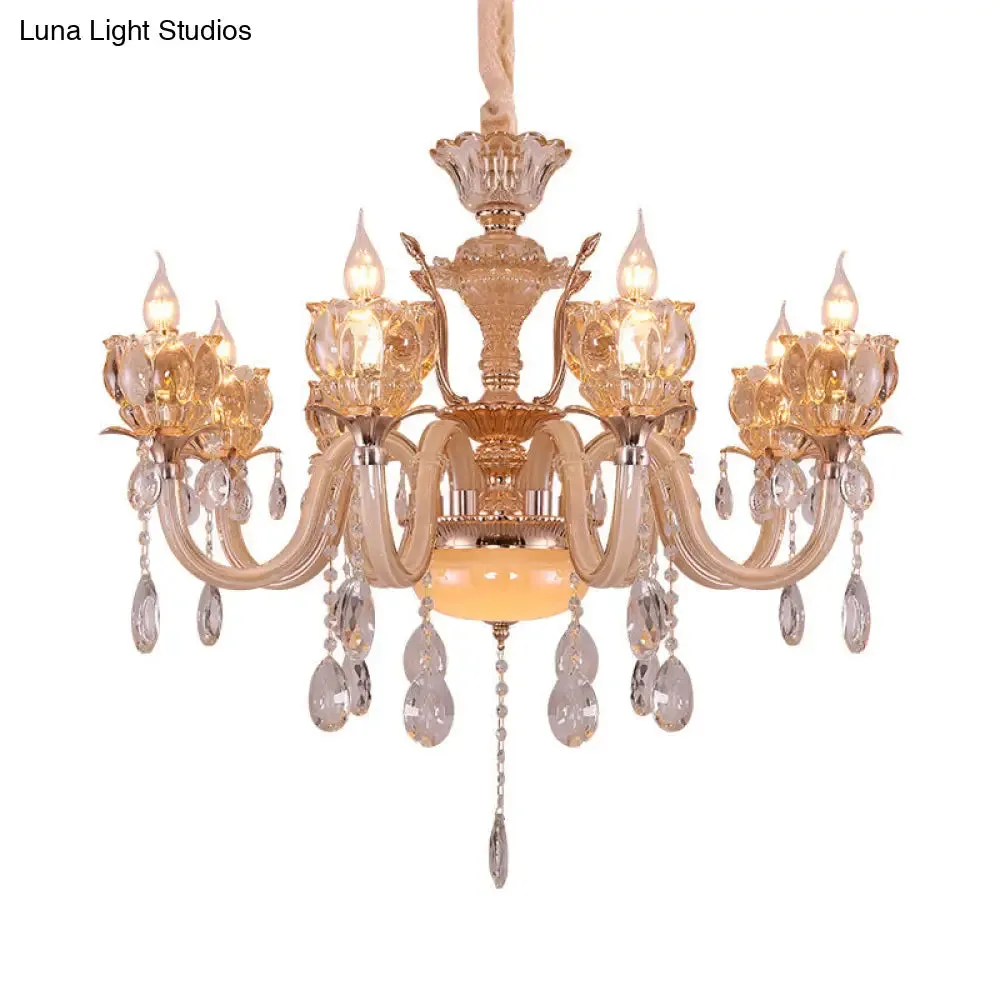 Modern Amber Glass Candle Chandelier with Crystal Drop - 6/8 Bulbs - Elegant Living Room Pendant - Gold Lamp