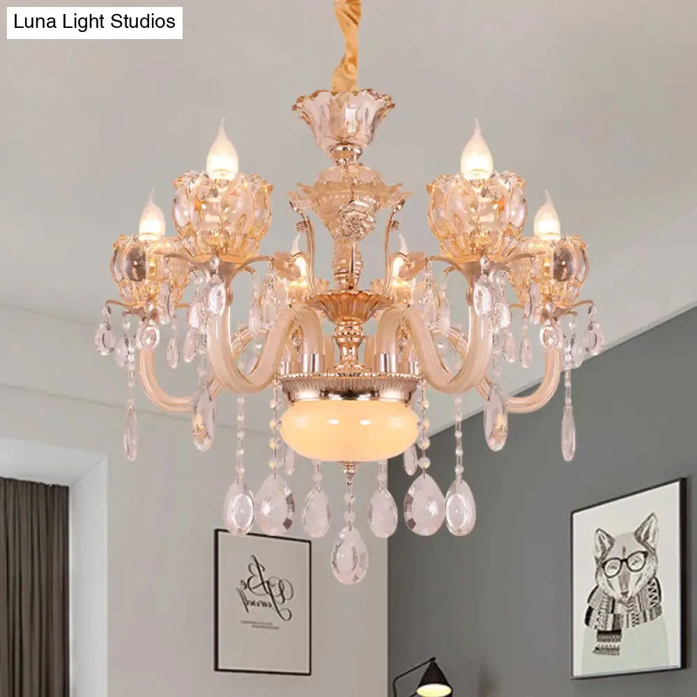 Modern Amber Glass Candle Chandelier with Crystal Drop - 6/8 Bulbs - Elegant Living Room Pendant - Gold Lamp