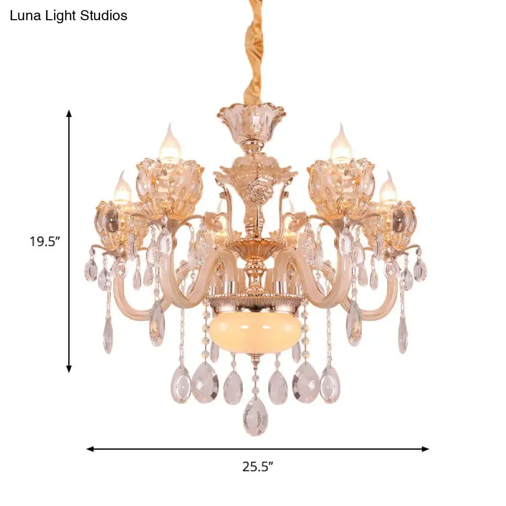 Modern Amber Glass Candle Chandelier with Crystal Drop - 6/8 Bulbs - Elegant Living Room Pendant - Gold Lamp