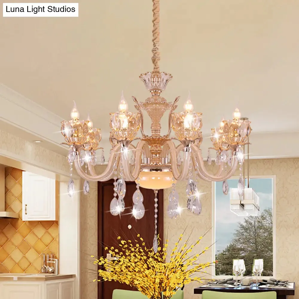 Modern Amber Glass Candle Chandelier with Crystal Drop - 6/8 Bulbs - Elegant Living Room Pendant - Gold Lamp