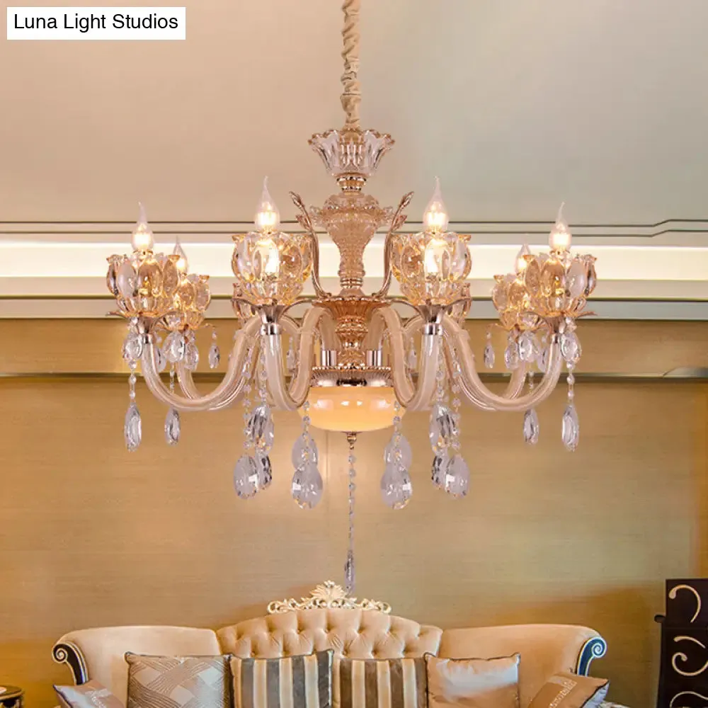 Modern Amber Glass Candle Chandelier with Crystal Drop - 6/8 Bulbs - Elegant Living Room Pendant - Gold Lamp