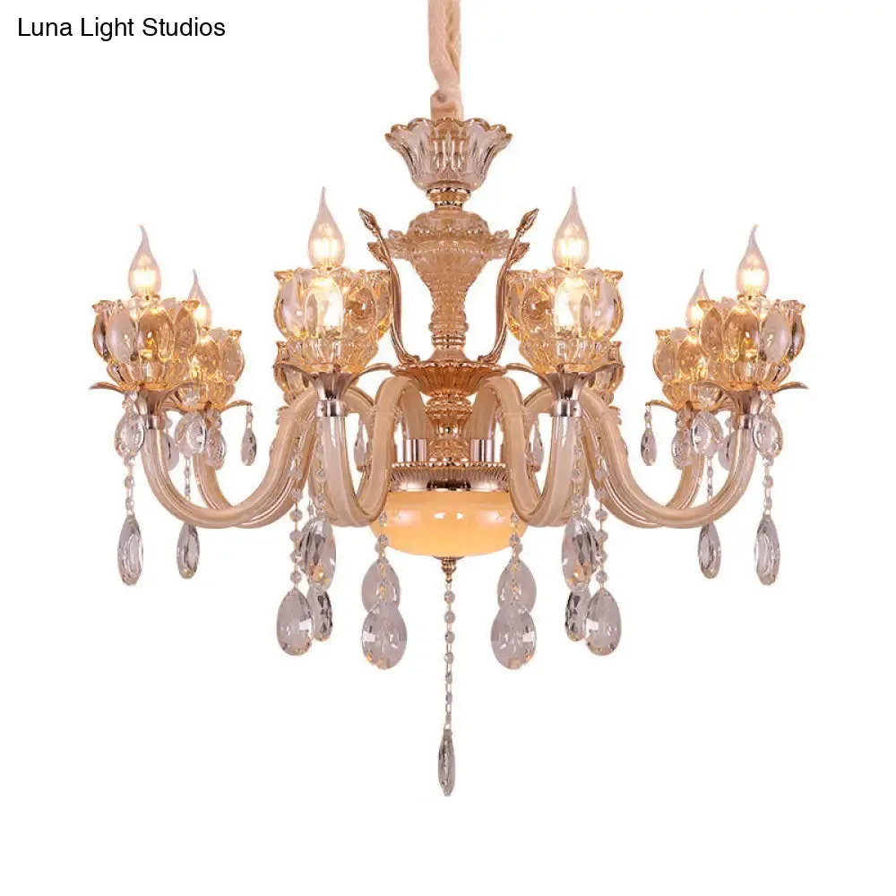 Modern Amber Glass Candle Chandelier with Crystal Drop - 6/8 Bulbs - Elegant Living Room Pendant - Gold Lamp