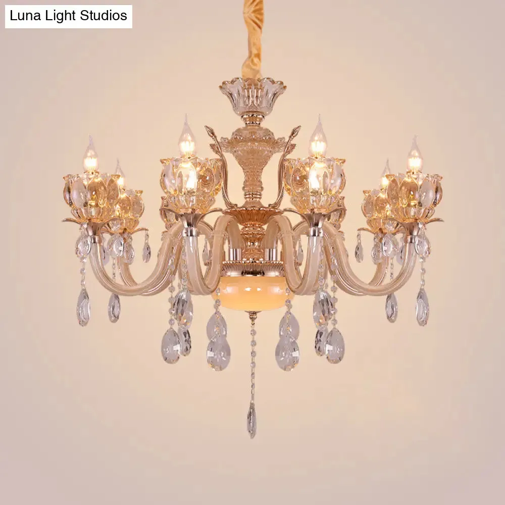 Modern Amber Glass Candle Chandelier with Crystal Drop - 6/8 Bulbs - Elegant Living Room Pendant - Gold Lamp