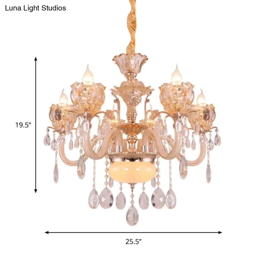Modern Amber Glass Candle Chandelier with Crystal Drop - 6/8 Bulbs - Elegant Living Room Pendant - Gold Lamp