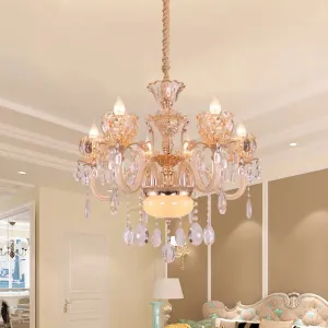 Modern Amber Glass Candle Chandelier with Crystal Drop - 6/8 Bulbs - Elegant Living Room Pendant - Gold Lamp