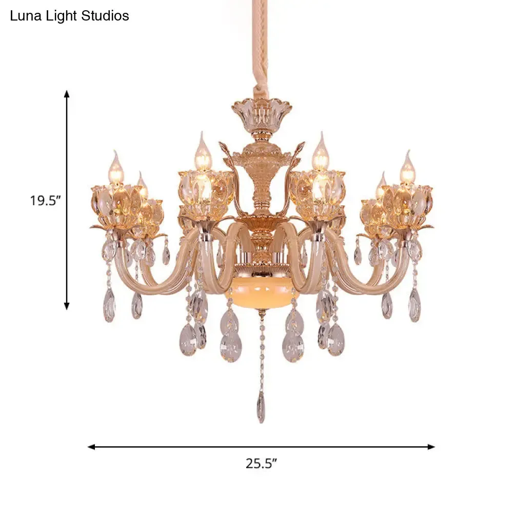 Modern Amber Glass Candle Chandelier with Crystal Drop - 6/8 Bulbs - Elegant Living Room Pendant - Gold Lamp