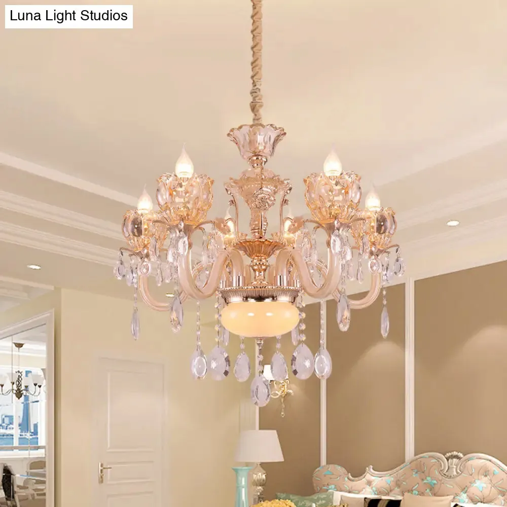 Modern Amber Glass Candle Chandelier with Crystal Drop - 6/8 Bulbs - Elegant Living Room Pendant - Gold Lamp
