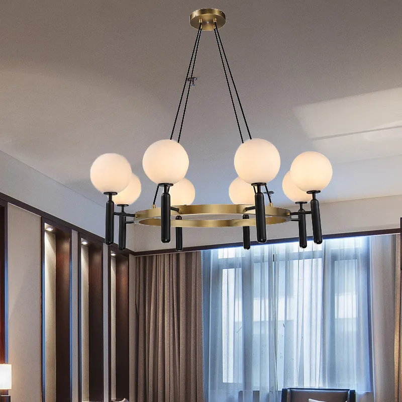 Modern White Glass Sphere Chandelier - Circular Design, 8 Lights, Black Hanging Fixture