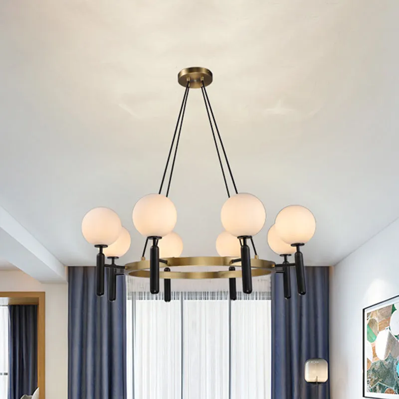 Modern White Glass Sphere Chandelier - Circular Design, 8 Lights, Black Hanging Fixture