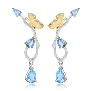 Natural Topaz Butterfly In Garden Design Sterling Silver Drop Earrings for Women