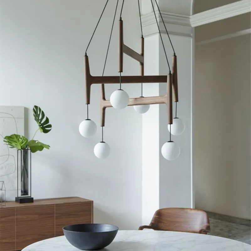 Nordic Simple wooden chandelier Luster Italian Retro Villa Hotel Decoration glass dining table hanging lights