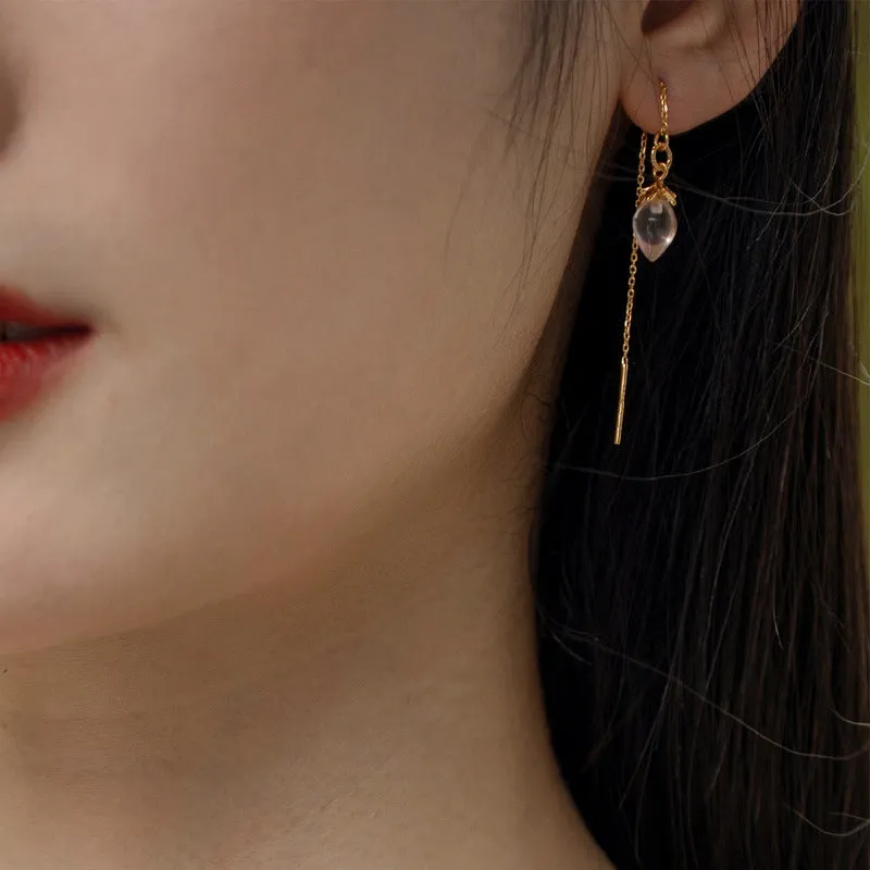 Pink Crystal Wind Chime Flower Silver Ear Line Earrings