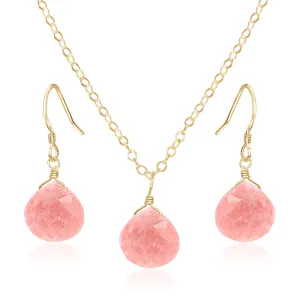 Pink Peruvian Opal Tiny Teardrop Earrings & Necklace Set