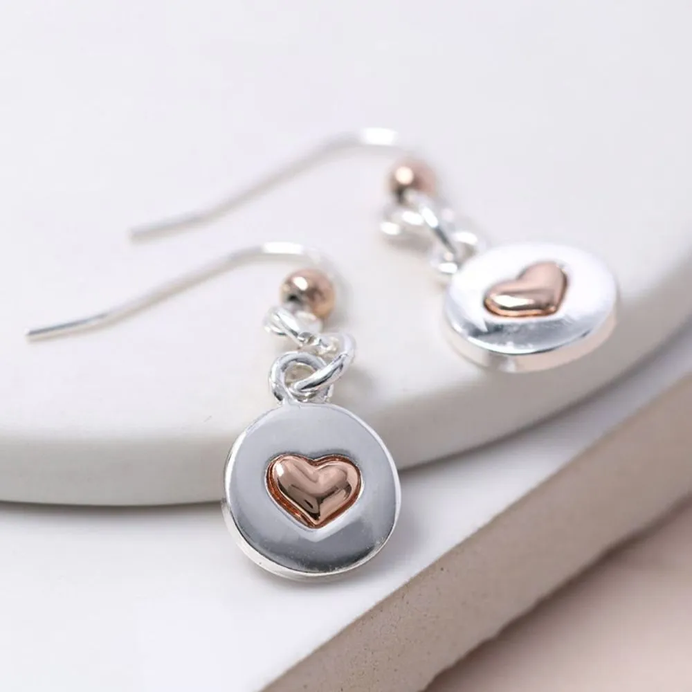 POM 10mm Rose Gold Heart On Silver Disc Drop Earrings