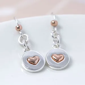 POM 10mm Rose Gold Heart On Silver Disc Drop Earrings