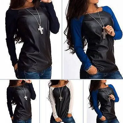 Sexy Womens Leather Long Sleeve T-Shirt