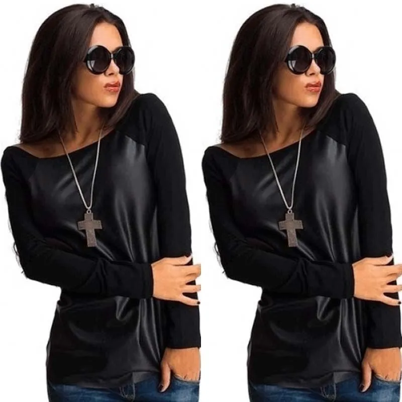 Sexy Womens Leather Long Sleeve T-Shirt