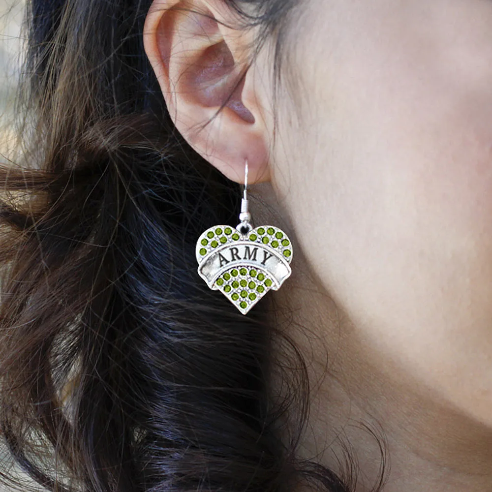 Silver Army Green Pave Heart Charm Dangle Earrings