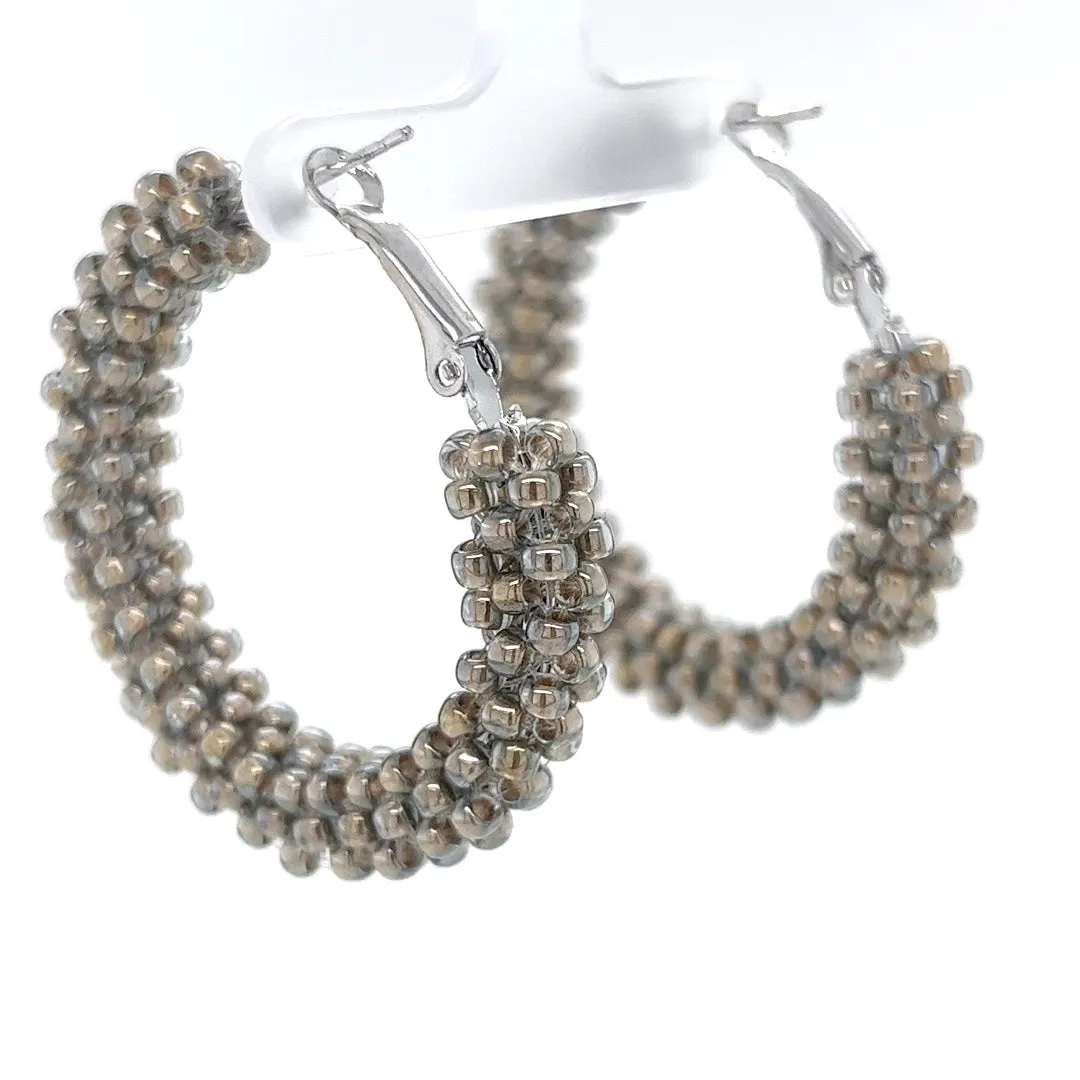 Silver Beaded Silver Hoop Earrings Medium