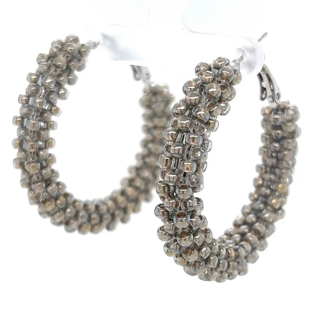 Silver Beaded Silver Hoop Earrings Medium