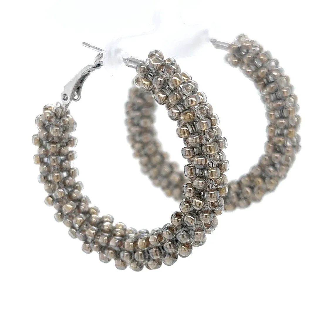 Silver Beaded Silver Hoop Earrings Medium