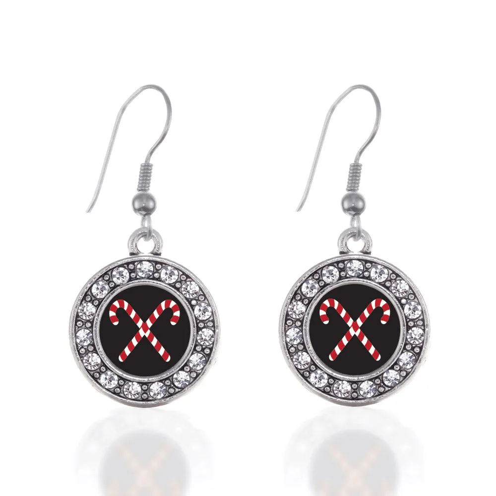 Silver Candy Cane Circle Charm Dangle Earrings