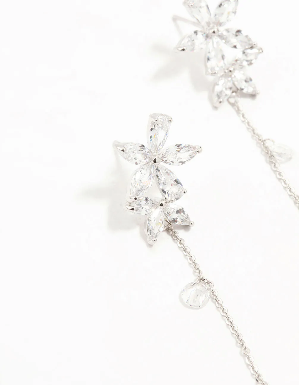 Silver Cubic Zirconia Flower Dangle Drop Earrings