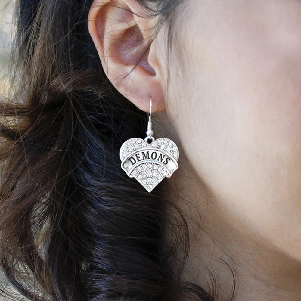 Silver Demons Pave Heart Charm Dangle Earrings