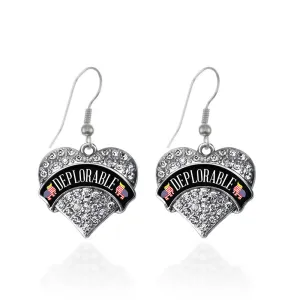 Silver Deplorable Pave Heart Charm Dangle Earrings