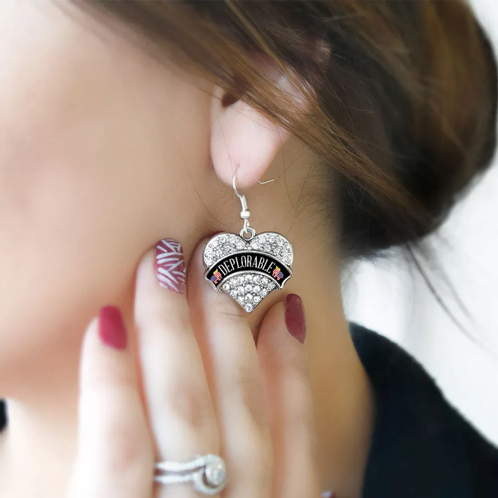 Silver Deplorable Pave Heart Charm Dangle Earrings