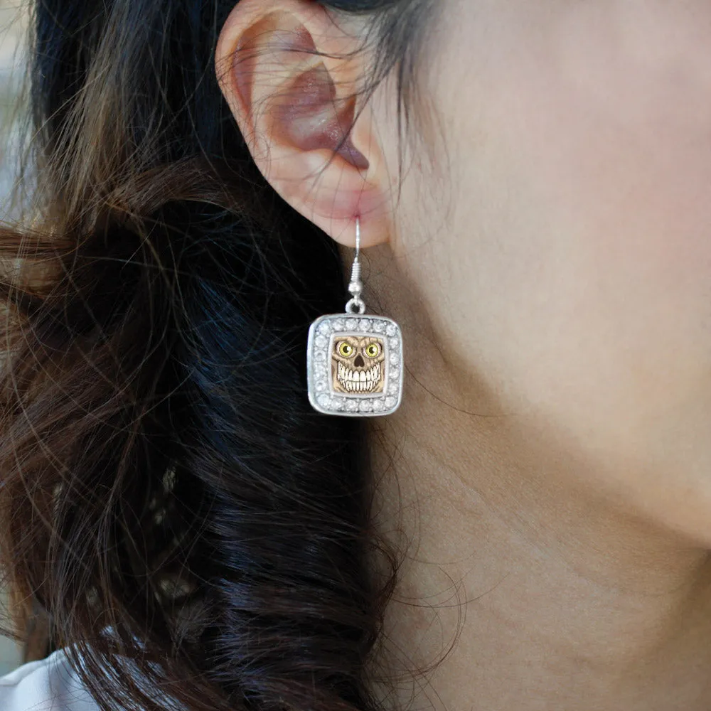 Silver Grinning Skull Square Charm Dangle Earrings