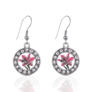 Silver Lily Flower Circle Charm Dangle Earrings