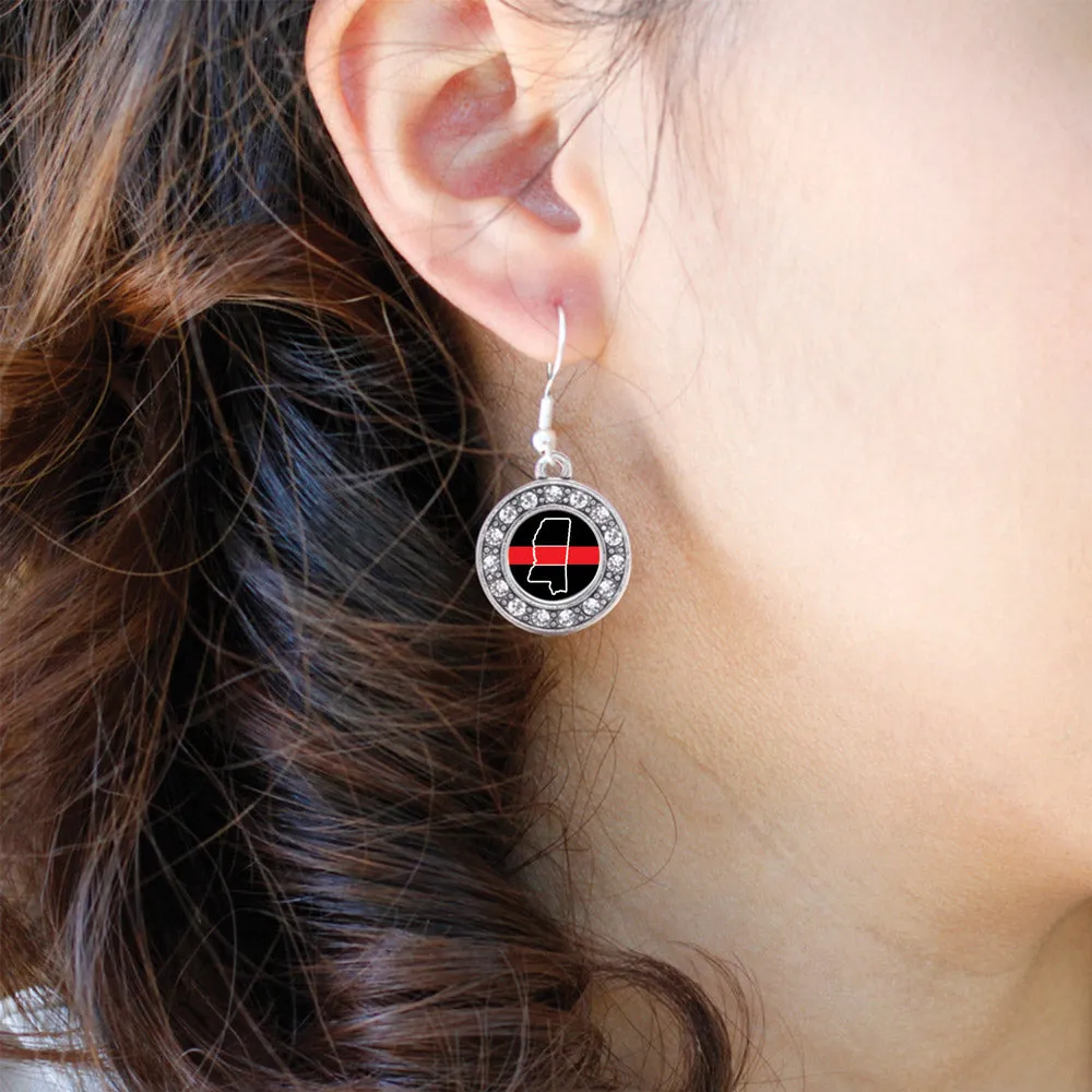 Silver Mississippi Thin Red Line Circle Charm Dangle Earrings