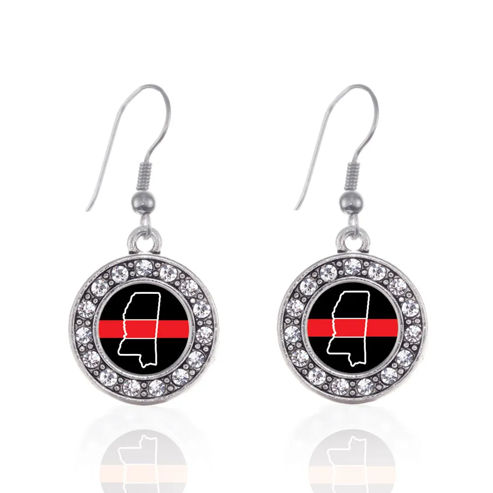 Silver Mississippi Thin Red Line Circle Charm Dangle Earrings