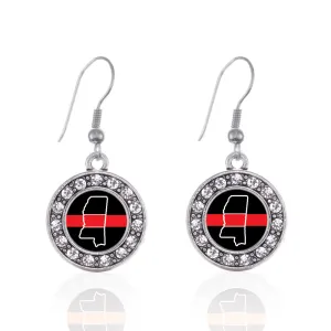 Silver Mississippi Thin Red Line Circle Charm Dangle Earrings
