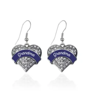 Silver Navy Blue Grandma Pave Heart Charm Dangle Earrings