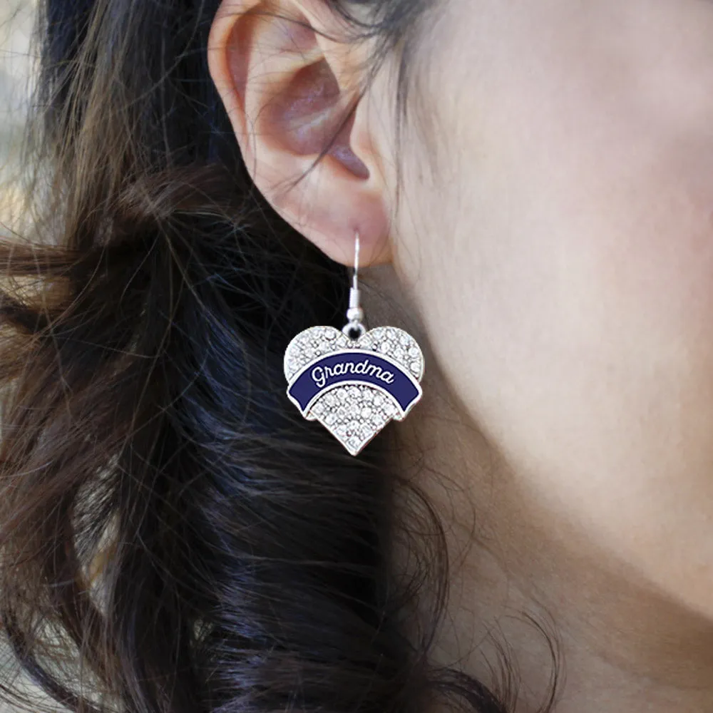 Silver Navy Blue Grandma Pave Heart Charm Dangle Earrings