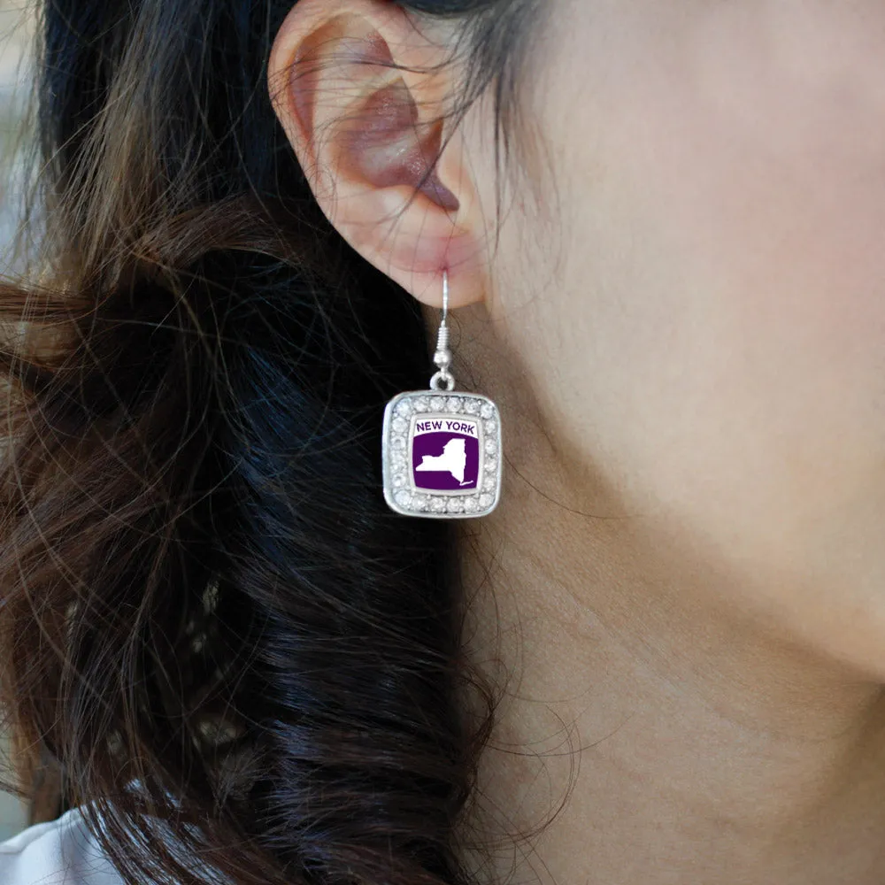 Silver New York Outline Square Charm Dangle Earrings