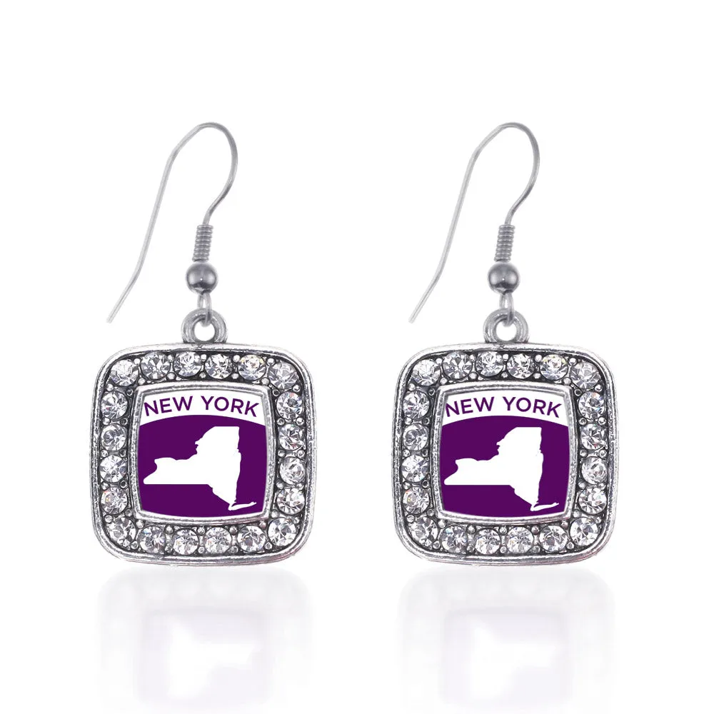Silver New York Outline Square Charm Dangle Earrings