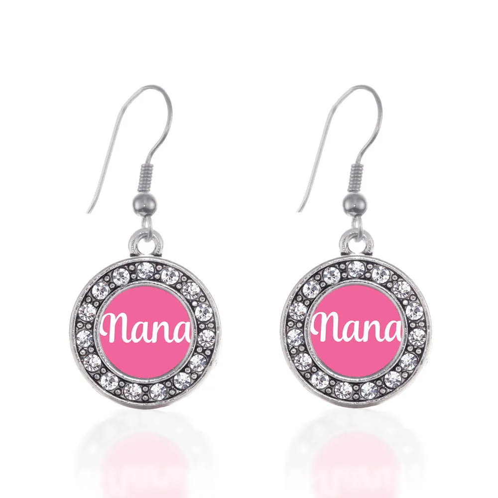 Silver Pink Nana Circle Charm Dangle Earrings